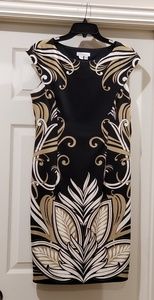 Black print, capped sleeve sheath dress